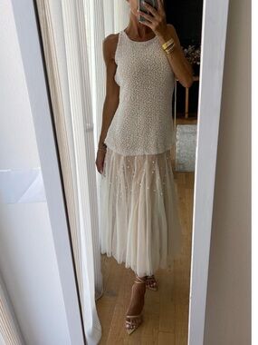 MORNINGFAN Pearl Bodice Tulle Skirt Gown in a Nude Taupe